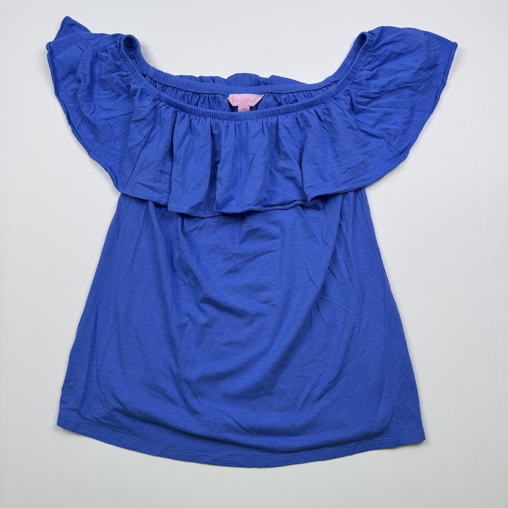 Lilly Pulitzer Shirt Womens XS Blue Off Shoulder Ruffle Top Palm Tree Logo
